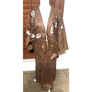 VTG 90s Linen Skirt Suit chocolate brown Church First Lady embroidered long sz L